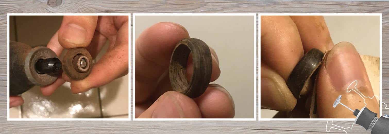 用Dremel3000刻磨機的配件砂紙輪平均打磨木戒指內圓部分